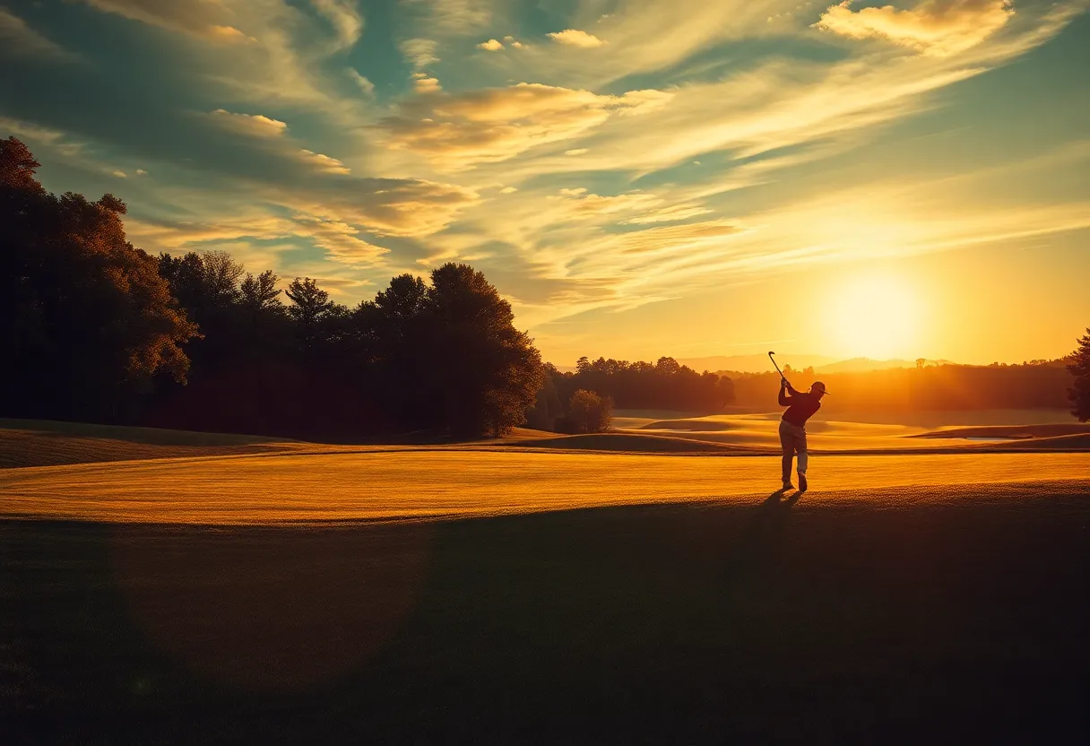 Scenic view of a golf course at sunrise with a golfer