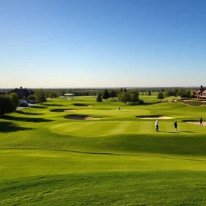 Scenic view of a golf course with golfers