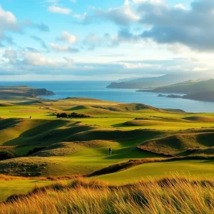 Lush golf course landscape in Scotland with hills in the background