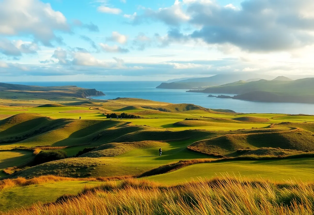 Lush golf course landscape in Scotland with hills in the background