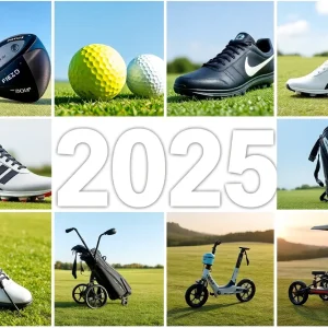 Modern golf gear including clubs, balls, and apparel on a golf course