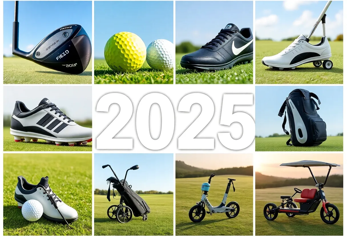 Modern golf gear including clubs, balls, and apparel on a golf course