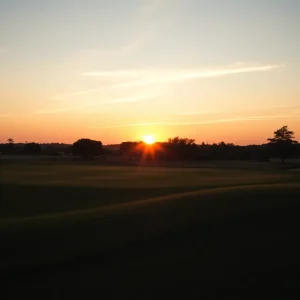 An empty golf course at sunset, symbolizing reflection and the end of a career.