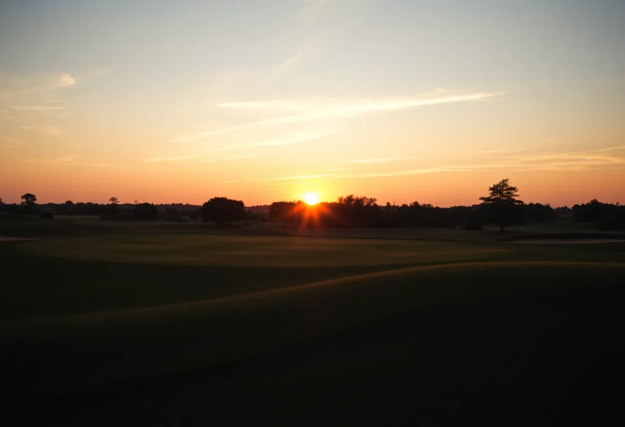 An empty golf course at sunset, symbolizing reflection and the end of a career.