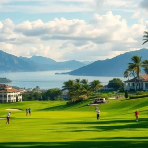 A stunning golf course with golfers enjoying a sunny day.