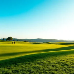 A scenic view of golfers playing on a beautiful golf course