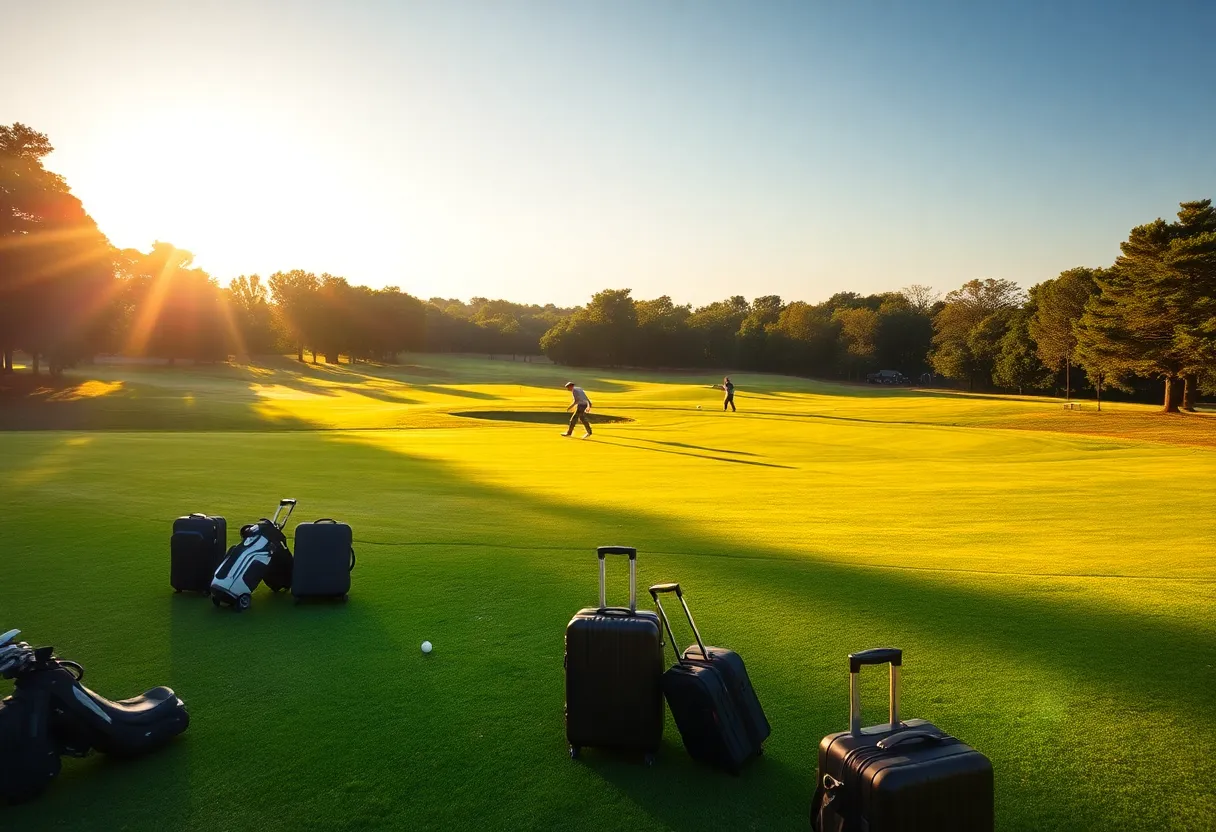 Travelers enjoying golf at a beautiful scenic course.