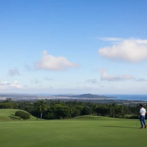 Beautiful landscape of a golf course with people playing golf