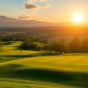 Beautiful view of a golf course with golfers on a sunny day