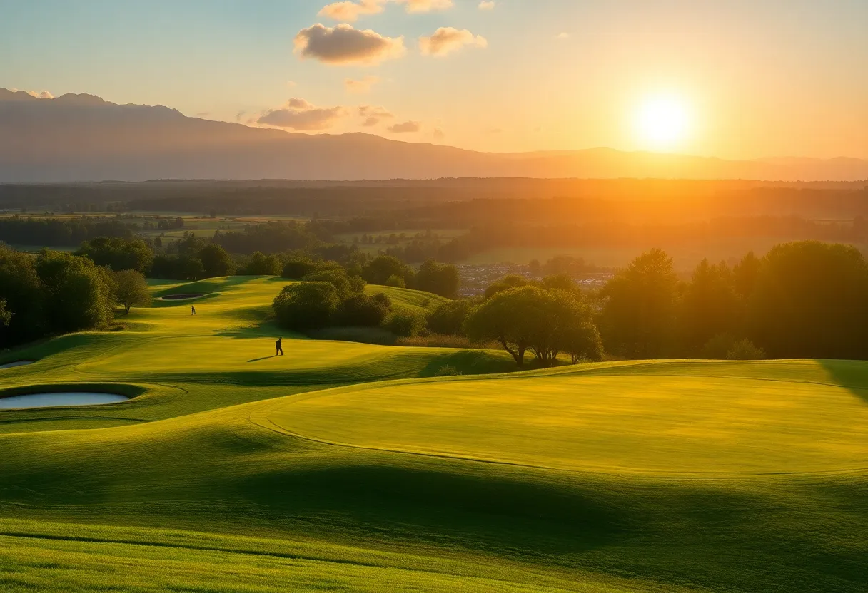 Beautiful view of a golf course with golfers on a sunny day