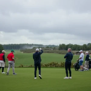 Golfers participating in a 24-hour challenge on a rainy day