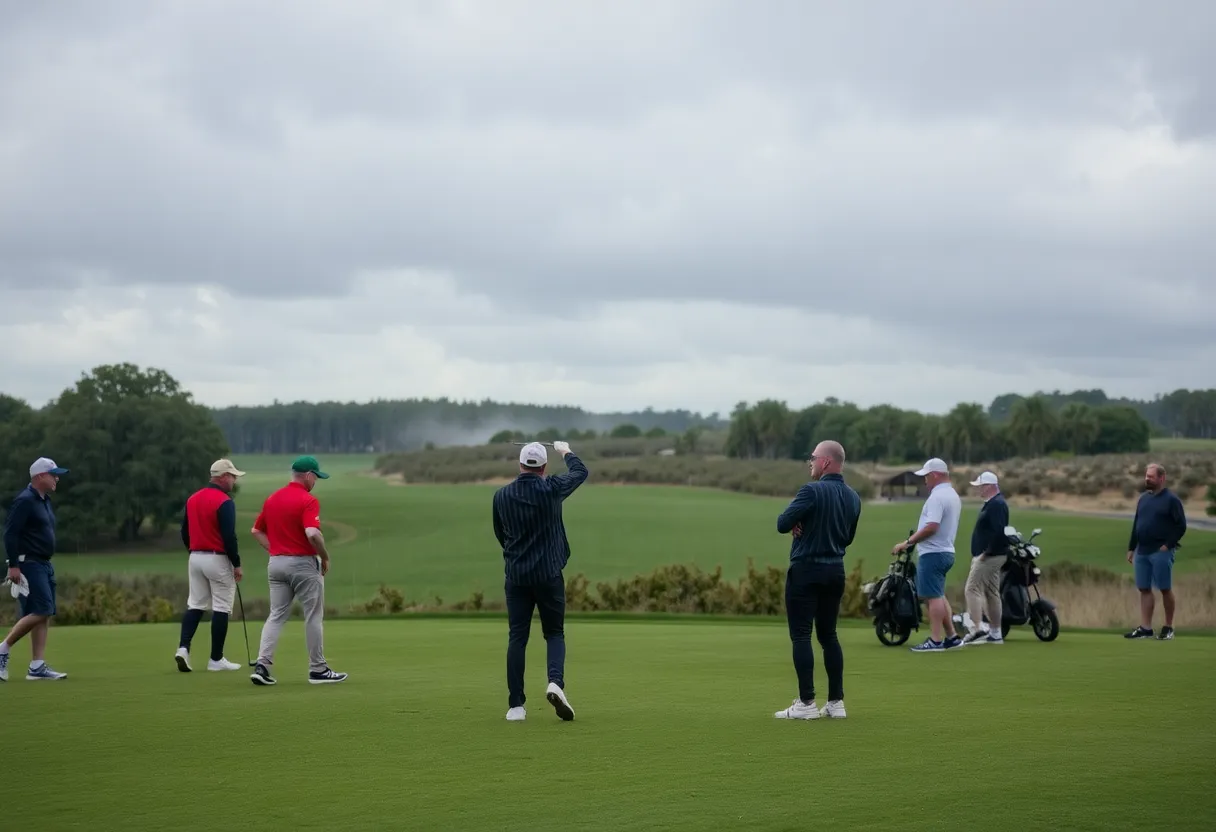 Golfers participating in a 24-hour challenge on a rainy day