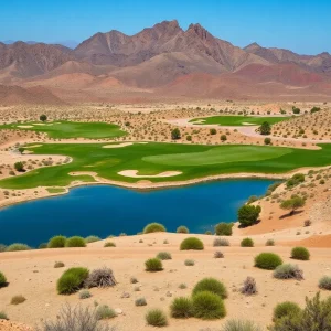 Aerial view of a beautiful golf course in Orlando surrounded by desert landscape.