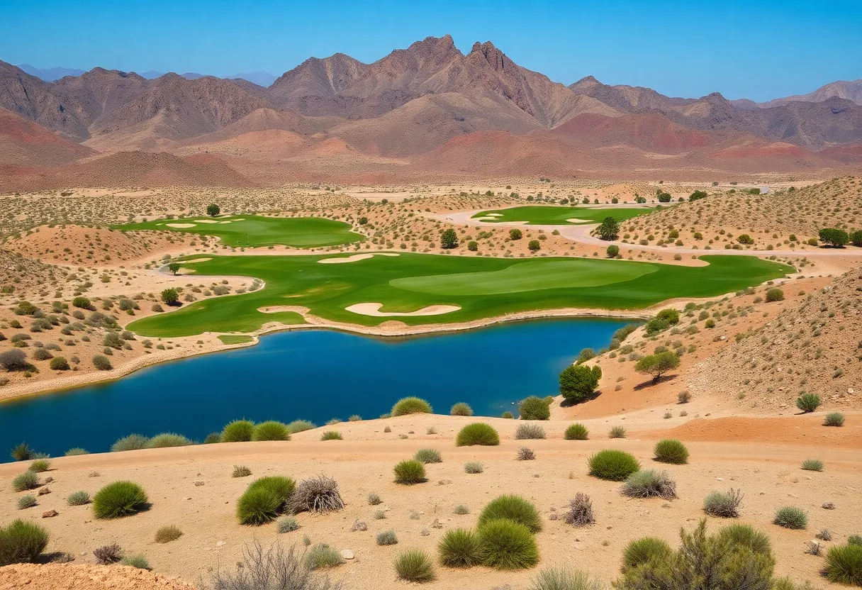 Aerial view of a beautiful golf course in Orlando surrounded by desert landscape.