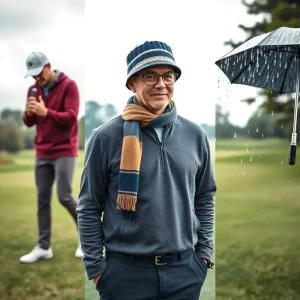 A golfer in summer and winter gear on a golf course