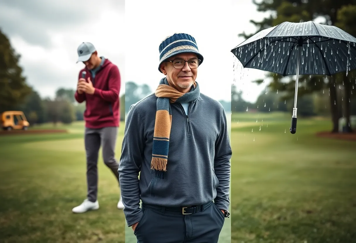 A golfer in summer and winter gear on a golf course