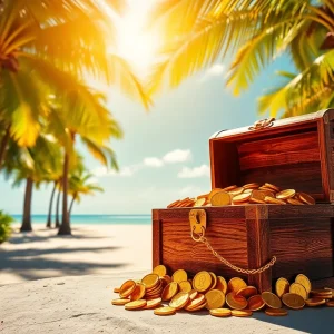 Treasure chest filled with gold coins under palm trees in Florida