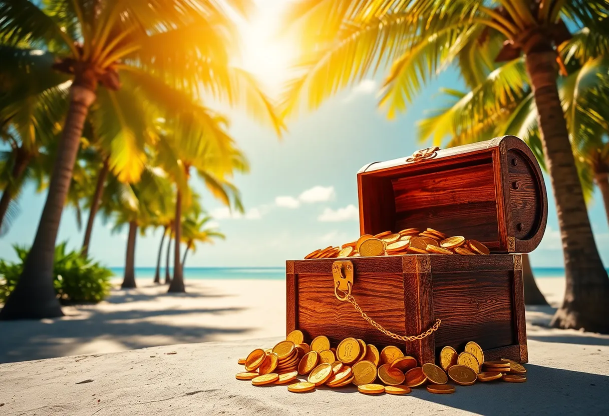 Treasure chest filled with gold coins under palm trees in Florida