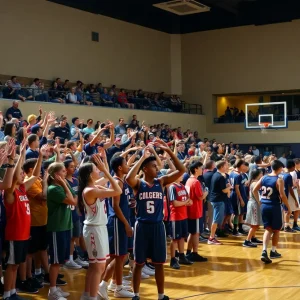 Exciting high school basketball match in Orlando with fans cheering.