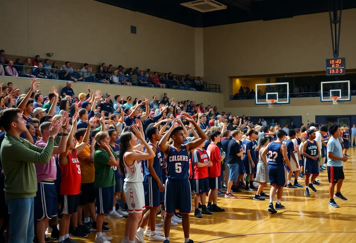 Exciting high school basketball match in Orlando with fans cheering.