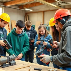 High school students participating in a construction training program using power tools