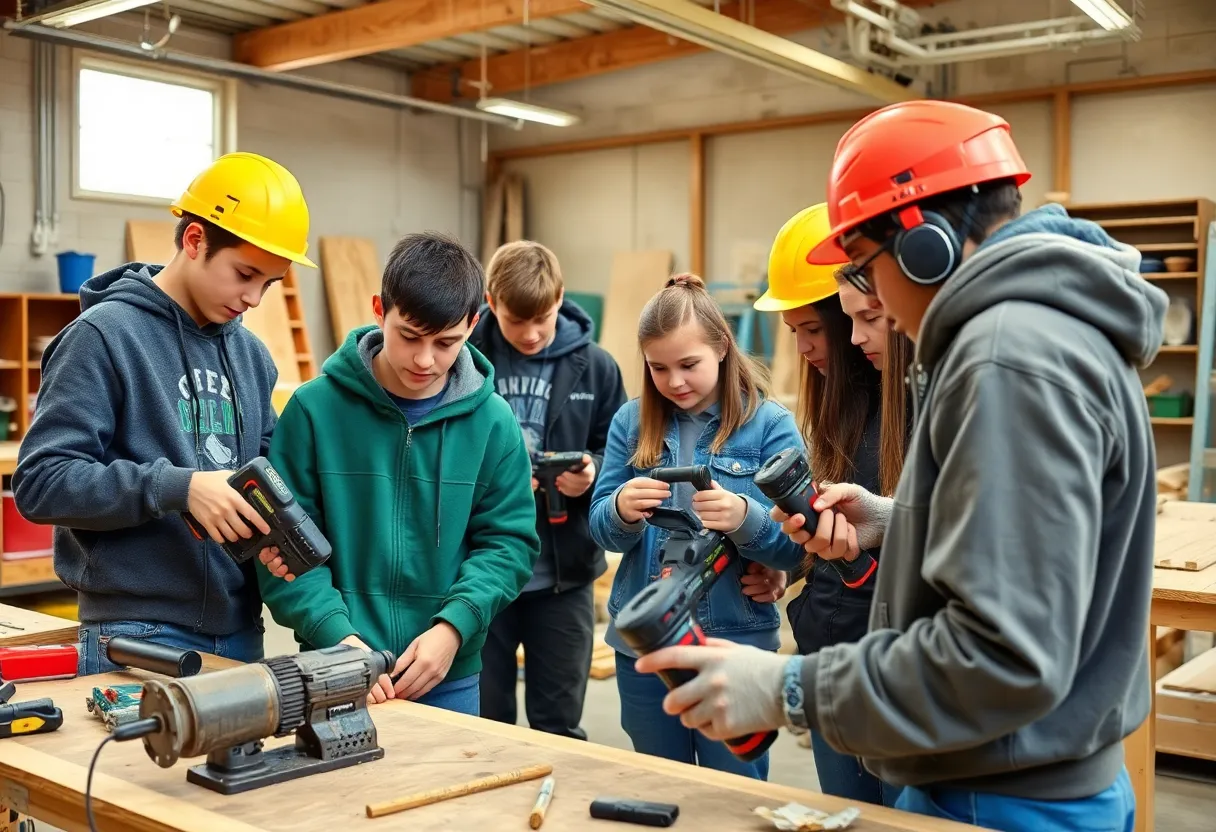 High school students participating in a construction training program using power tools