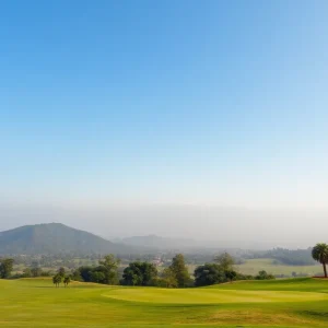 A panoramic view of a historic golf course in India with rolling hills.