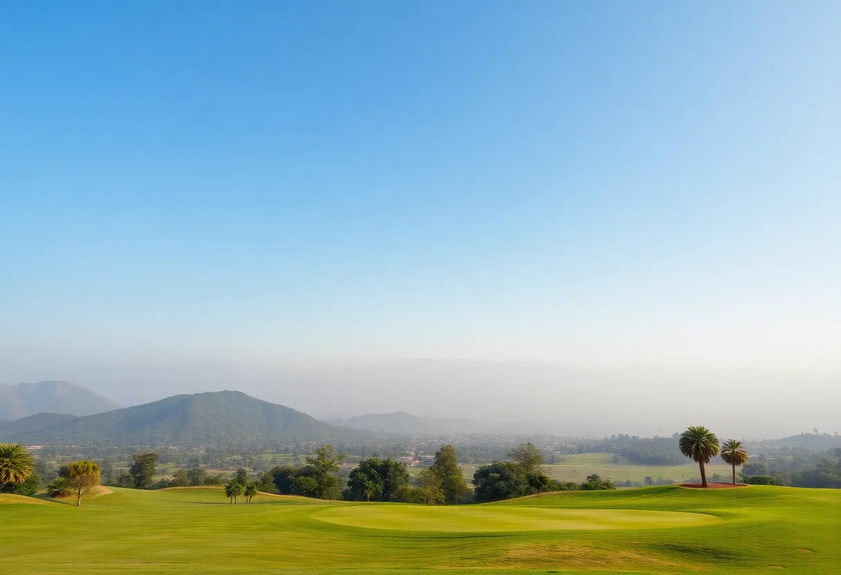 A panoramic view of a historic golf course in India with rolling hills.