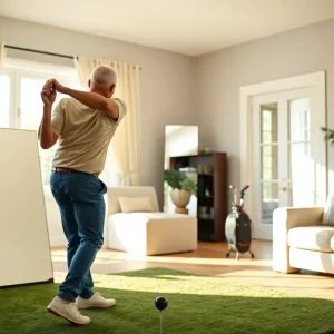 Golfer practicing swing at home with a mirror and equipment