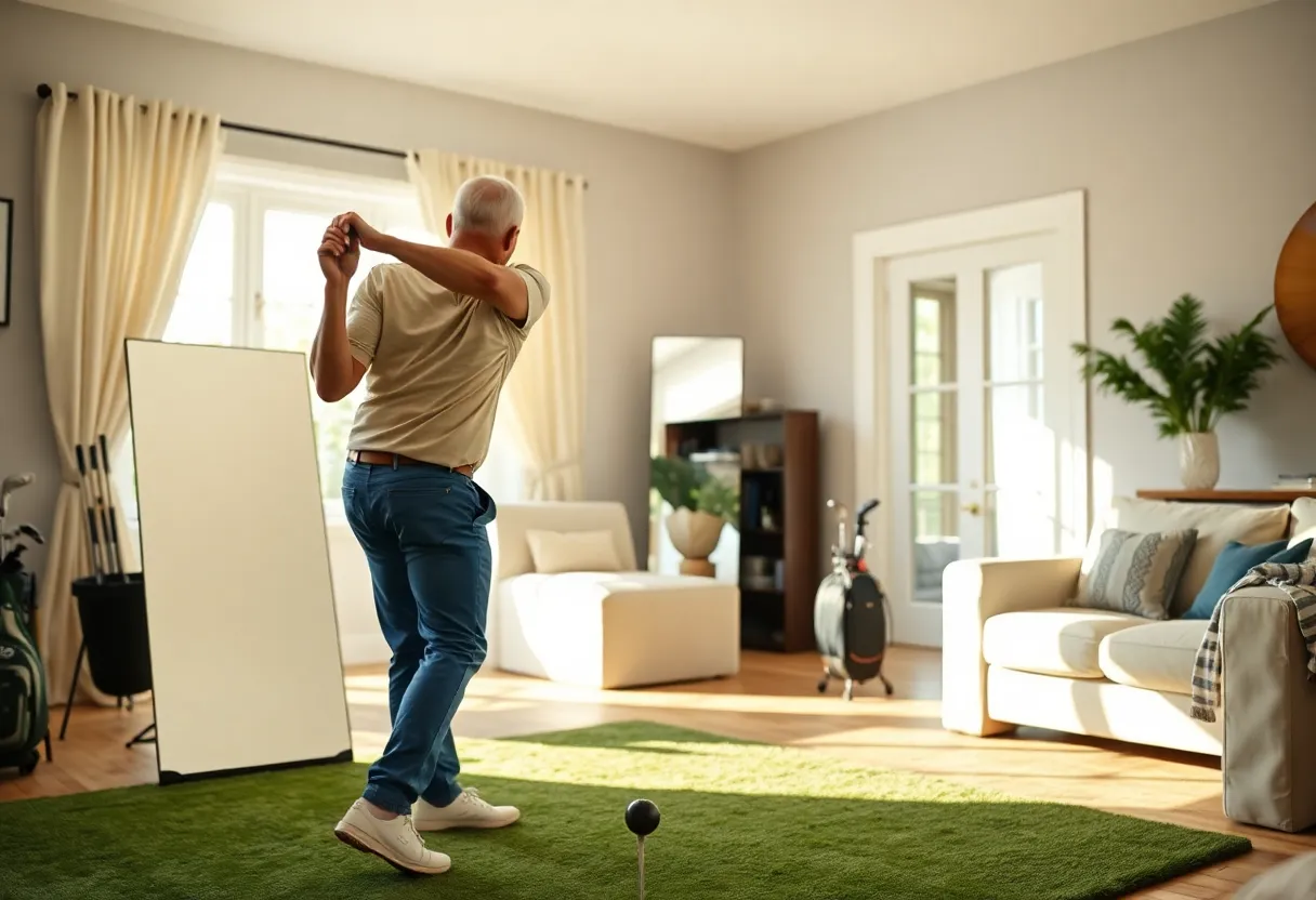 Golfer practicing swing at home with a mirror and equipment