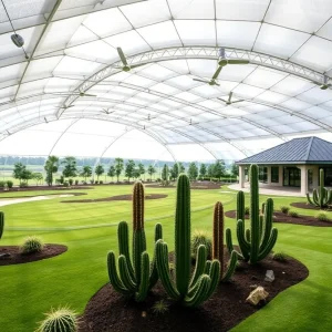 An indoor nine-hole golf course with domes