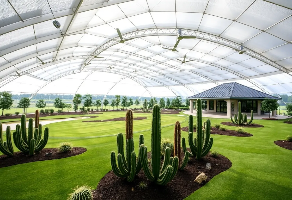 An indoor nine-hole golf course with domes