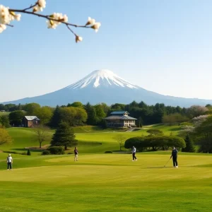 Scenic golf course in Japan with Mount Fuji and cherry blossoms