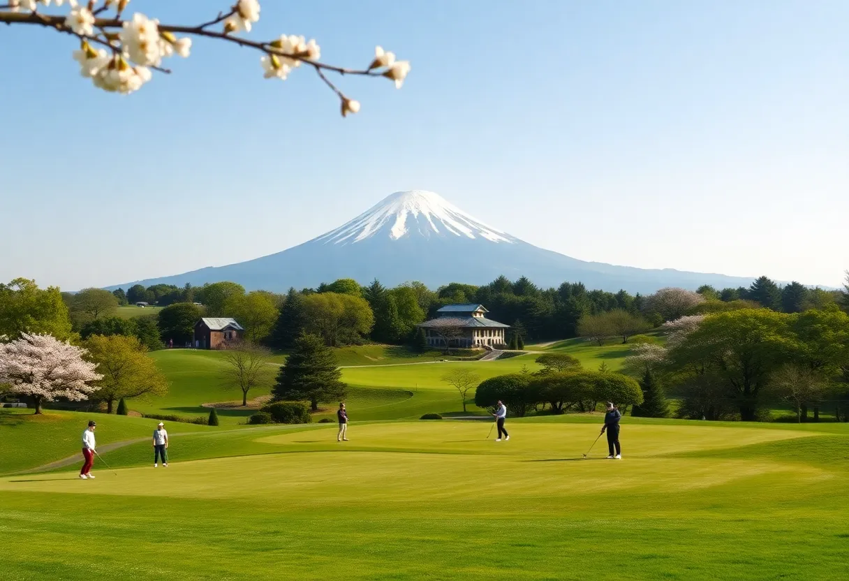 Scenic golf course in Japan with Mount Fuji and cherry blossoms