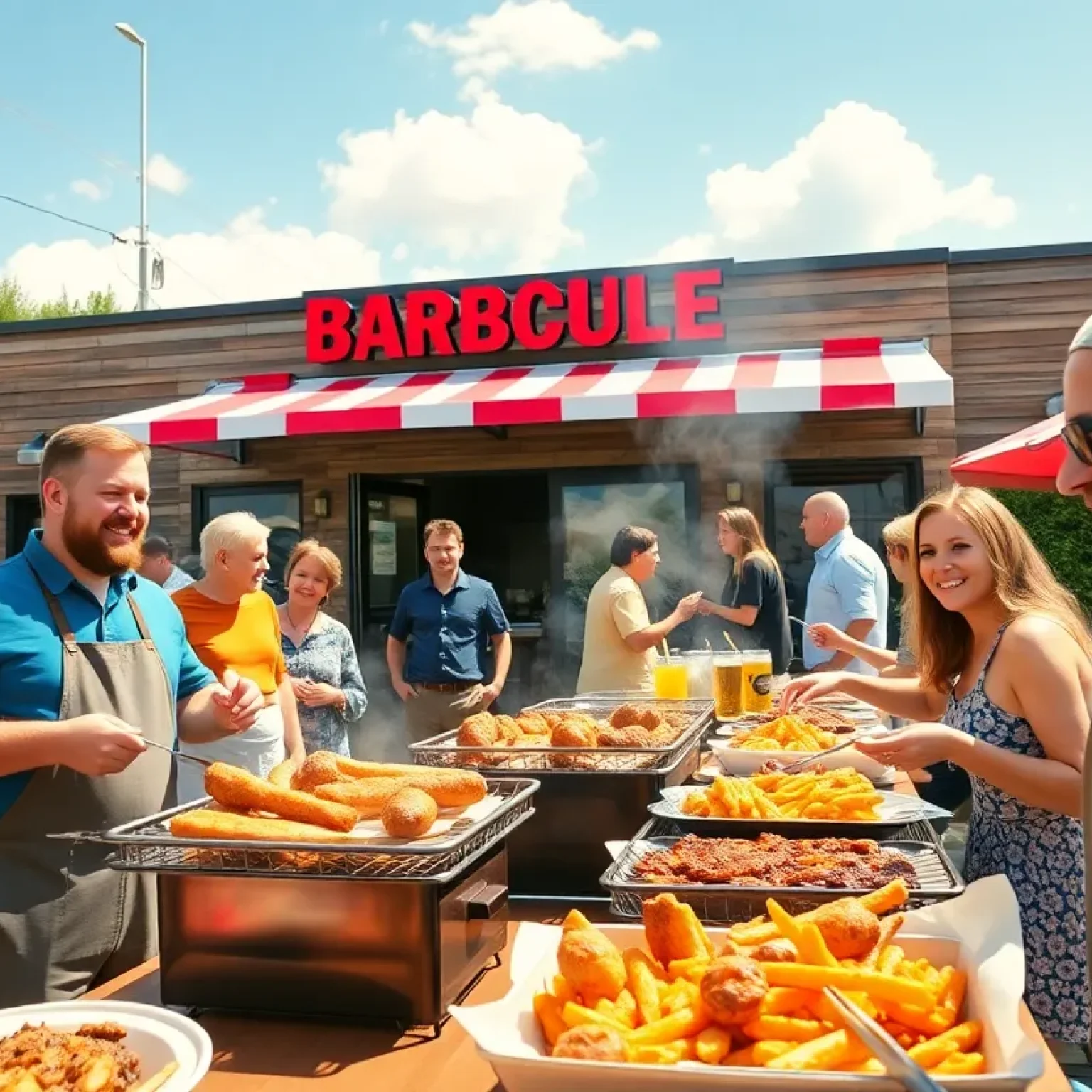 Outdoor scene of Joe's Holy Smoke BBQ with customers enjoying their meals.