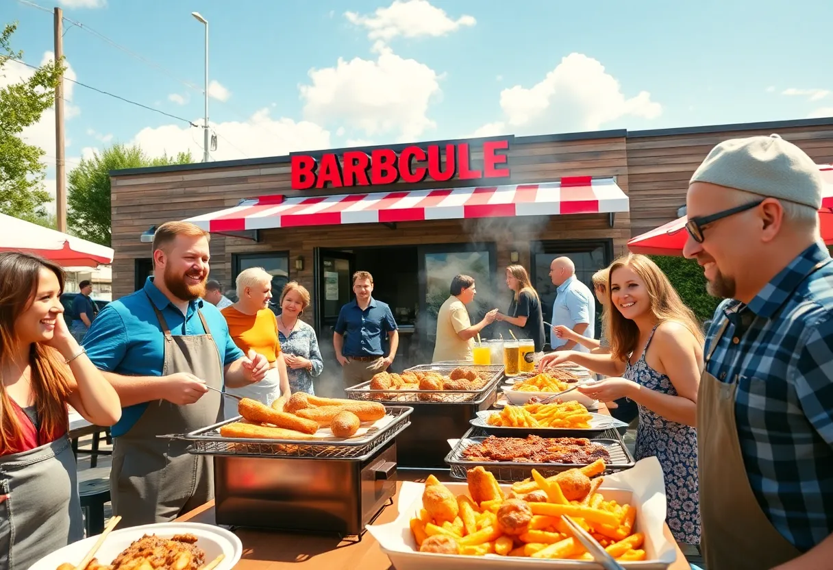 Outdoor scene of Joe's Holy Smoke BBQ with customers enjoying their meals.