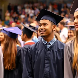 Graduation ceremony at Jones High School with students celebrating