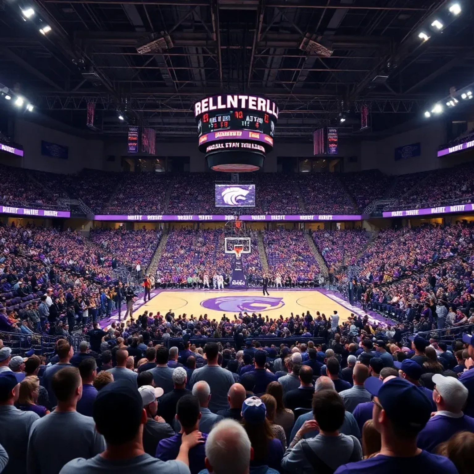 Kansas State Wildcats basketball team showing team spirit in the arena