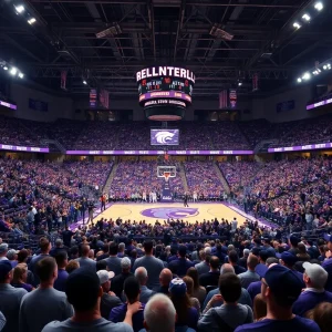 Kansas State Wildcats basketball team showing team spirit in the arena