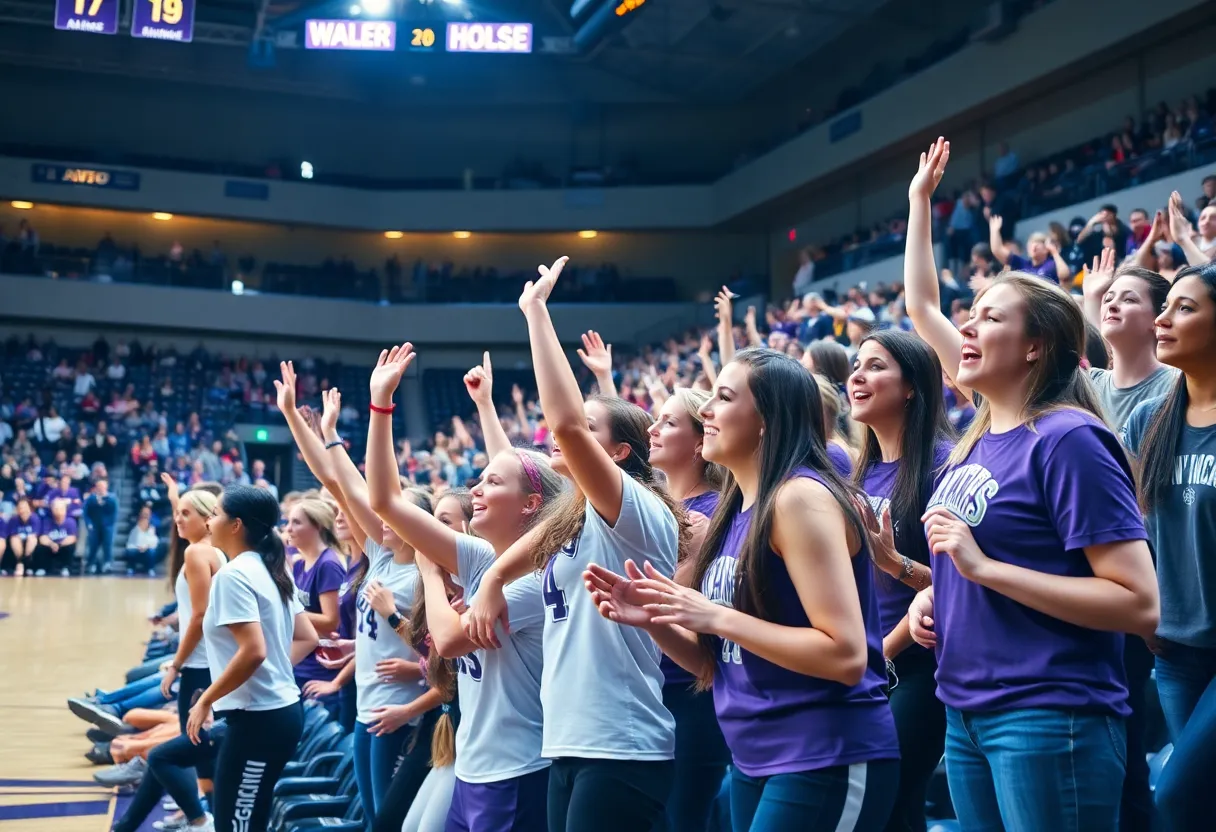 Kansas State women's basketball players in action during a game with enthusiastic fans in the background.