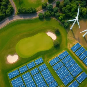 Illustration of a golf course alongside renewable energy sources