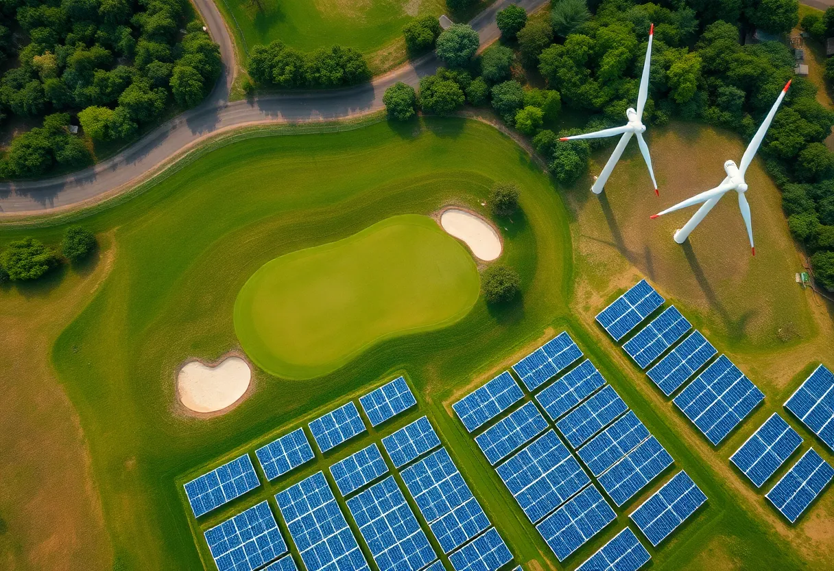 Illustration of a golf course alongside renewable energy sources