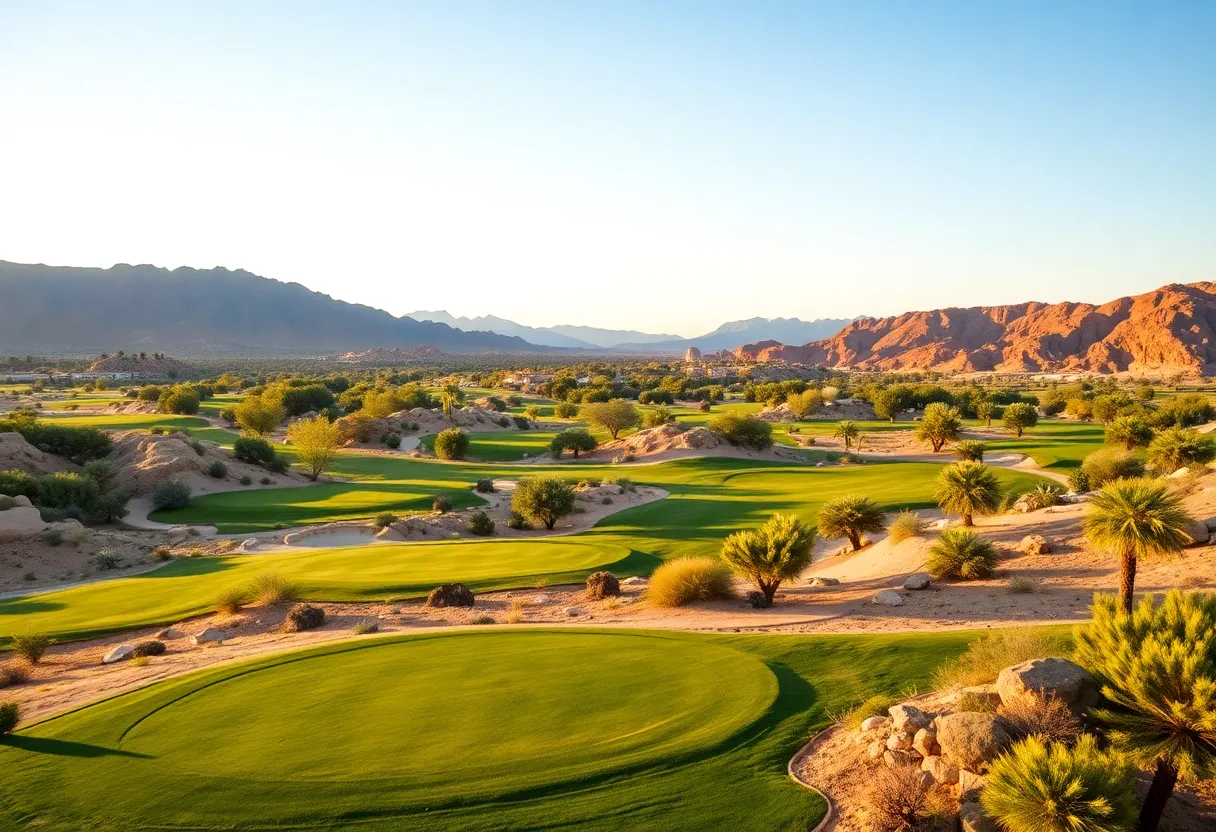 Scenic golf course in Las Vegas with palm trees and mountains