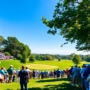 Fans enjoying a golf match on a large screen