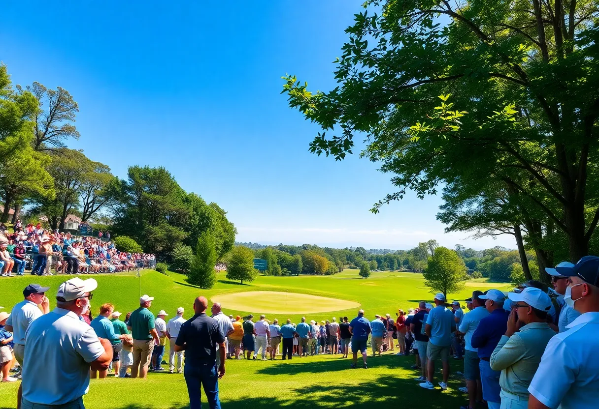 Fans enjoying a golf match on a large screen