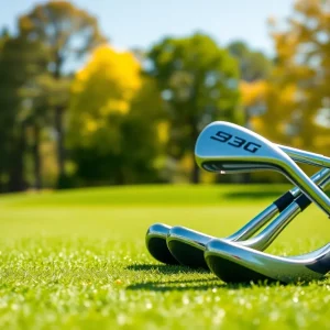 Golfer swinging unconventional golf clubs on a scenic golf course