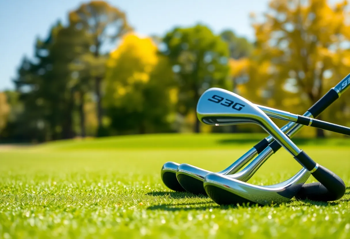 Golfer swinging unconventional golf clubs on a scenic golf course