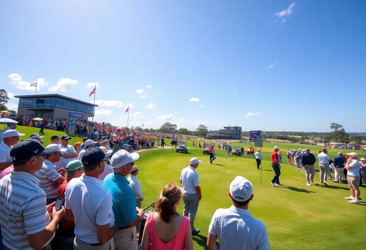 Golf tournament featuring female players and celebrities at the LPGA Tour 75th season kickoff.