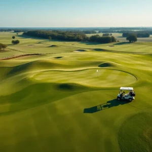 A beautiful golf course with lush greenery and palm trees