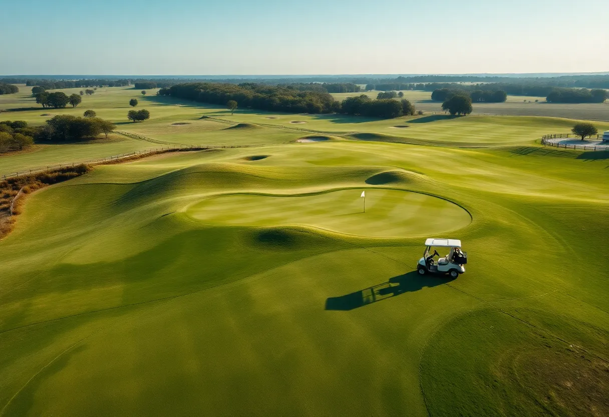 A beautiful golf course with lush greenery and palm trees